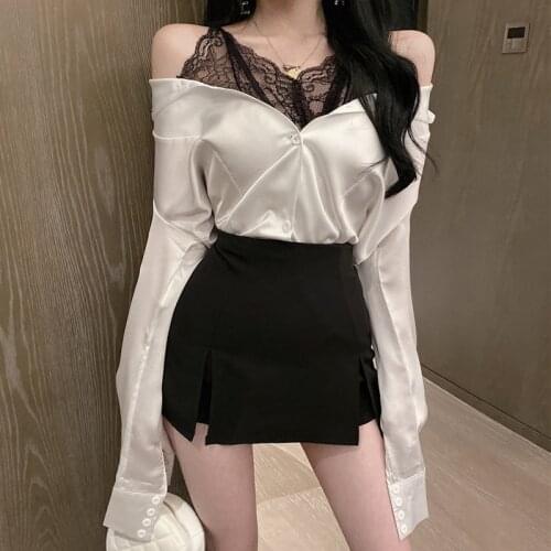 Chemise Femme Sexy Autumn Blusas Camisas De Mujer Femme Lace Patchwork Full Fake Two Pieces Tops Strapless Off Shoulder Slim