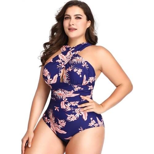 Large Size One-piece Swimsuit Cross Cover Belly Nylon Printed Swimwear Women Backless Bodysuit Plus Size Bikini S-3XL