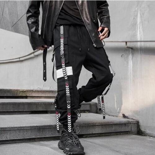 Drop shipping man personality ribbons punk hip hop cargo pants multi pockets joggers mens Japanese harajuku casual sweatpants