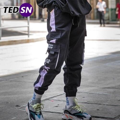 Hip Hop Cargo Pants Men Streetwear Casual Elastic Waist Joggers Trousers Men Joggers Sweatpants Colorblock Harajuku Harem Pants