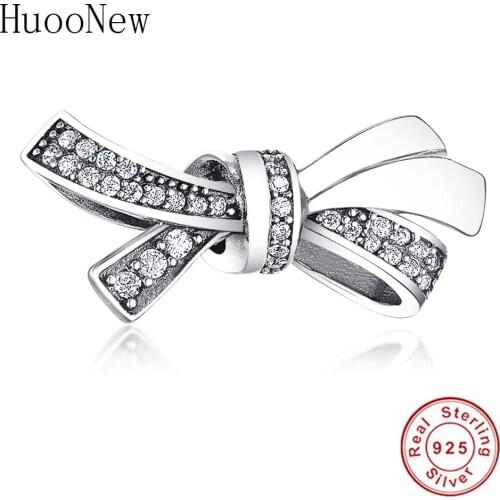 Clear CZ Tie Bow Knot Beads Fit Original Pulseira Charms Spring 2019 Bracelet 925 Sterling Silver Jewelry For Women Gift