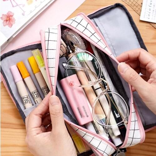 Large Capacity Pencil Case Grid Canvas Pencilcase Student Pen Holder Supplies Pencil Bag School Box Pouch Stationery