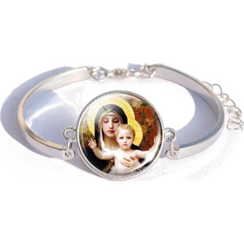 Virgin Mary Glass Cabochon Bracelet Bangle ST JUDE/St Michael/St Therese/ Jesus Bracelet Faith Jewelry Christian Gifts
