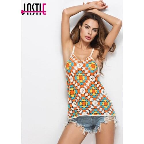 Jastie Beach Bikini Cover Up Top Camis Colorful Hollow Out Crochet Lace Vest V-Neck Straps Sexy Vests Tank Tops Summer Camisole