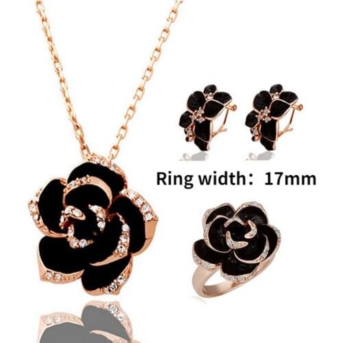 3PC Set Rose Flower Enamel Necklace/ring/earring Fashion Women Rose Gold Plated CZ Zircon Jewelry Charm Women Party Accessories