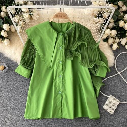 2021 Summer New Blouse Female Round Neck Lantern Sleeve Blusa Pleated Ruffle Shirt Top DF563