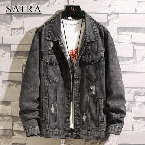 SATRA 2021 Spring New Arrival Classic Cowboy Ripped Jeans Jacket Men, Mens Fashion Trend Casua Loose Denim Jacket coat