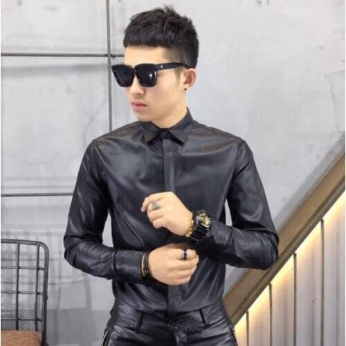 Hot 2021 New spring New imitation sheepskin washed leather long-sleeved shirt men trend Korean Slim leather shirt dark blue