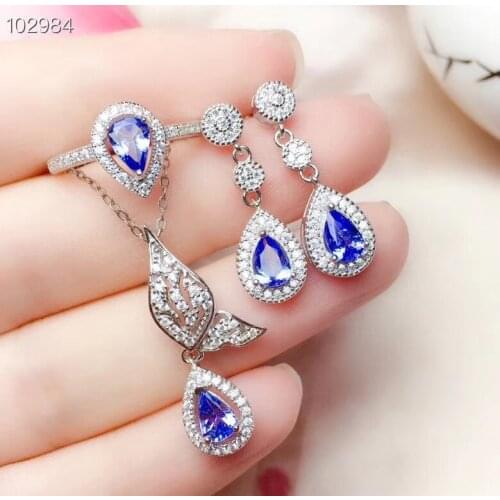 New Fashion Natural and Real Tanzanite Jewelry set 925 sterling silver 1pc Ring,1pc Pendant,2pcs Earring