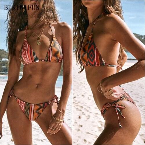 2020 New Sexy Checkered Patchwork Swimsuit Women Triangle Bralette Swimwear Backless Halter Beachwear S-XL Girl Micro Bikini Set