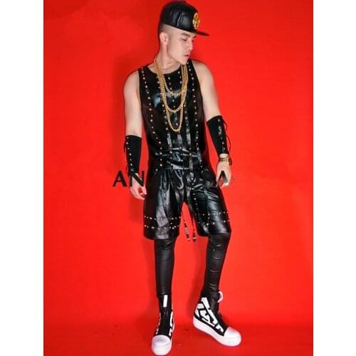 New Nightclub Male singer DJ Cool Black Rivets Punk Rock fringed Leather Vest Shorts Costumes Set Stage show party costume wear