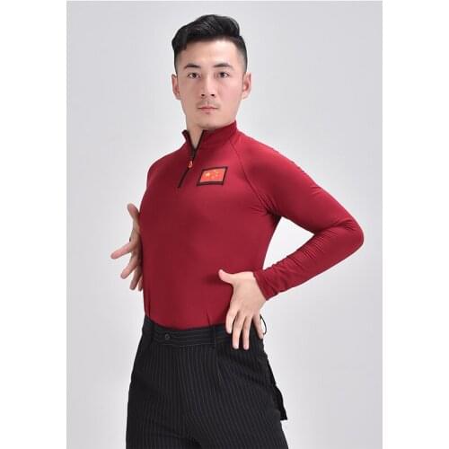 2021 Modern Dance Clothes MenS Tops Practice Clothes Slim Round Neck National Standard Dance Chacha Ballroom Dance Clothes