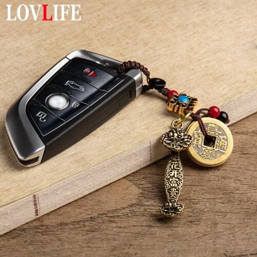 Retro Brass Lucky Car Key Chain Lanyard Hanging Charms Vintage Handmade Woven Rope Antique Five Emperors Coins Chinese Feng Shui