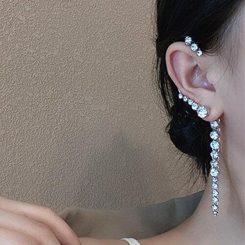 Single New Korean Rhinestone Earrings Shiny Drill Arc Ear Hanging Clip Earrings for Women Minimalist Ear Cuff 2021