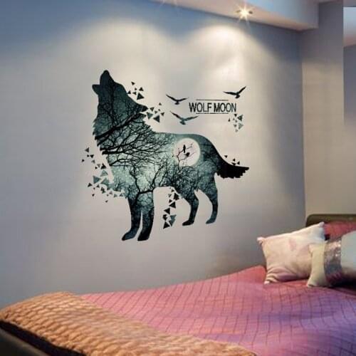 [shijuekongjian] Horrific Wolf Moon Forest Wall Stickers DIY Animal Mural Decals for Kids Room Dormitory Baby Bedroom Decoration