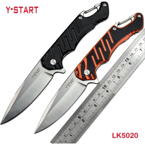 Y-START 440C Blade G10 Handle Outdoor Camping Hunting Tactical Knives Utility Pocket Folding Knife with a Carabiner LK5020