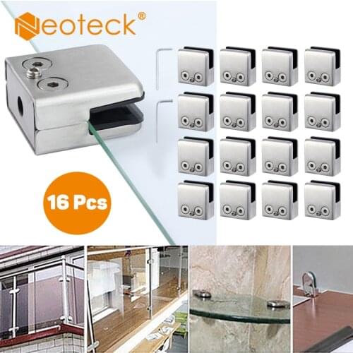 Neoteck 16 Pcs Stainless Steel Glass Clamp Square Clamp Holder Bracket Clip For Glass Shelf Handrails Silve For 8-10 mm glass M