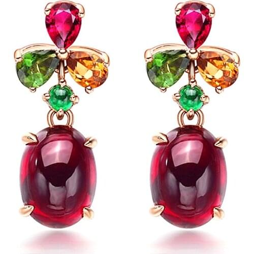 VINTAGE MULTICOLOR GEMSTONES RUBY RED ZIRCON DIAMONDS DROP EARRINGS FOR WOMEN ROSE GOLD COLOR JEWELRY BIJOUX FASHION PARTY GIFTS