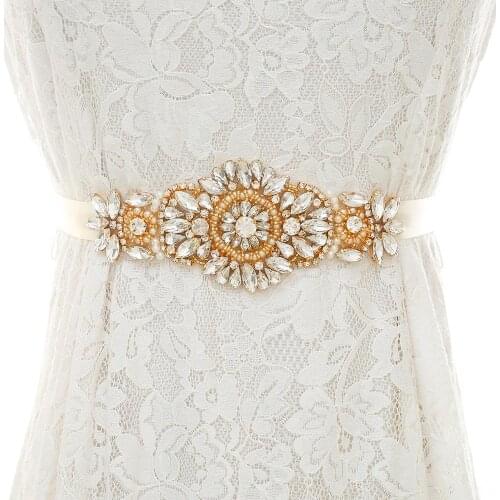 SESTHFAR Gold Rhinestones Bridal Belt Satin Ribbons Sash Crystal Wedding Belt For Women Dresses