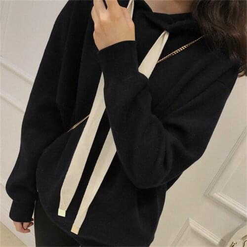 Pure cashmere thick knit women fashion hooded loose thick pullover sweater solid color S-L