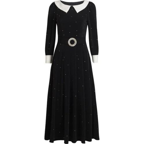 High Quality Full Rhinestone Beading Black Velvet Long Dress Elegant Women Long Sleeve Autumn Doll Collar Belt Dress Vastido