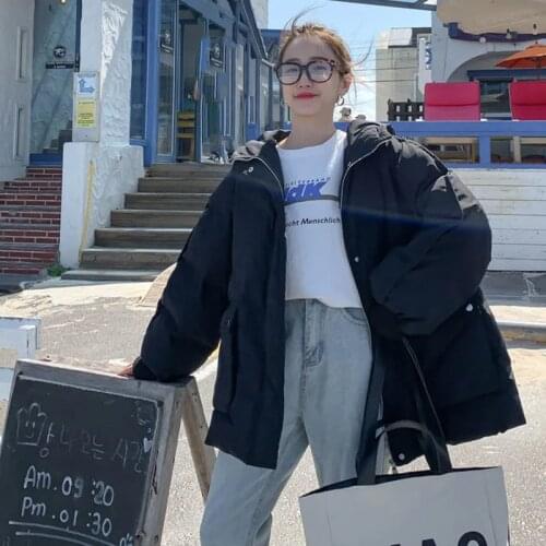 2021 New Blue Cotton Coat Women Short Hooded Solid Color Bread Jacket Hong Kong Style Loose Thick BF Harajuku School Parker