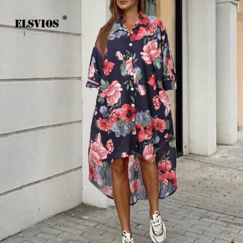 New Women Turn-down Collar Flower Print Casual Shirt Dress Fashion Summer Half Sleeves Buttons Cardigan Irregular Elegant Dress