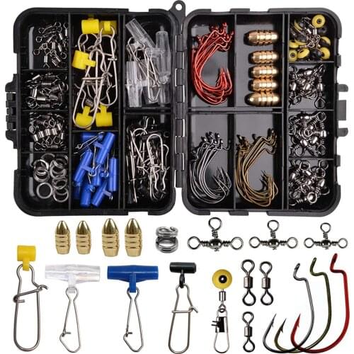130Pcs/Box Fishing Accessories Tackle Kit Including Jig Hooks Brass Copper Sinker Weights Fishing Swivels Snaps Sinker Slides