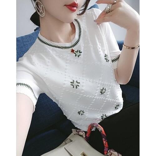 2021 20627 (room 6, Row 2, No. 6) Non Real Shot Net Red Picture Round Neck Embroidered Short Sleeve Knitted T-shirt [2000] 34