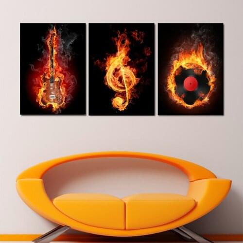 3 Pieces/set Wall Art Decorative Painting Paint on Canvas Prints Black And Yellow Burning Guitar Musical Note Pictures Unframed