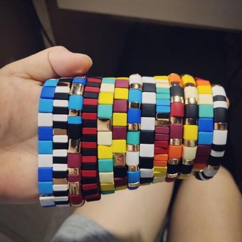 New Fashion Bracelet Accessories Color Rectangular Alloy Paint Beads Beaded Elastic Bracelet Couple Style