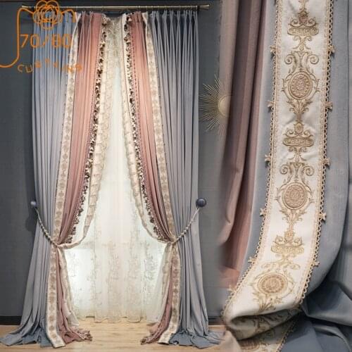 French Luxury High-end Flannel Embroidery Stitching Curtains Blackout Curtains for Living Room Bedroom Bay Window Finished