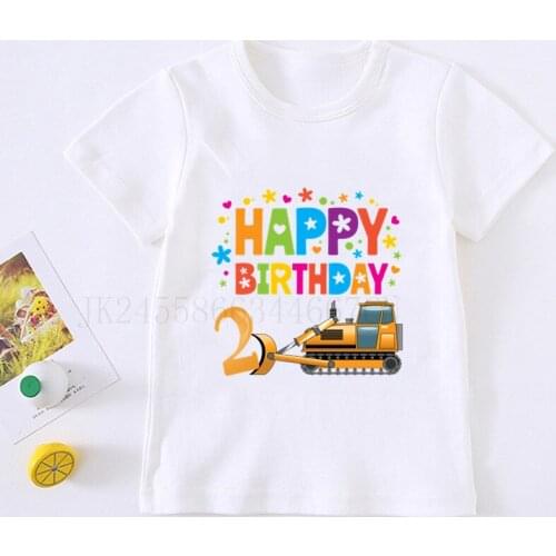 Boys Bulldozer Happy Birthday NAME T-shirt Fire Truck Shirt Boys Tees Toddler Baby Boy Construction Truck Shirts Number 2-8