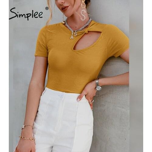 Simplee Office lady keyhole short sleeve t-shirt High street knitted tee shirt female O-neck solid womens summer tees 2021