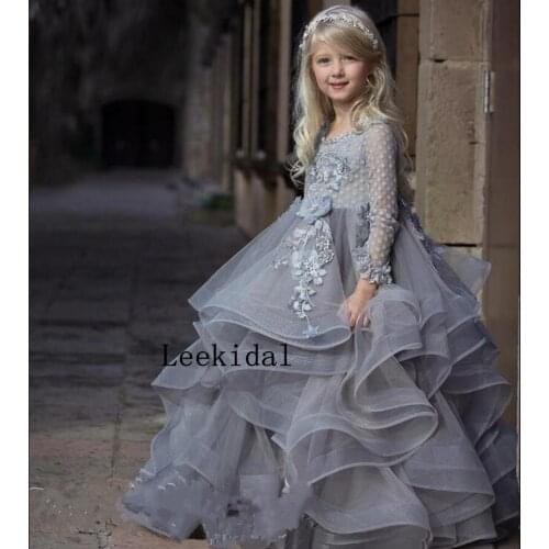 Long Sleeves Flower Girl Dress with 3D Floral Appliques Lace Ball Gowns For Princess Birthday Party Gown Vestidos Custom Made