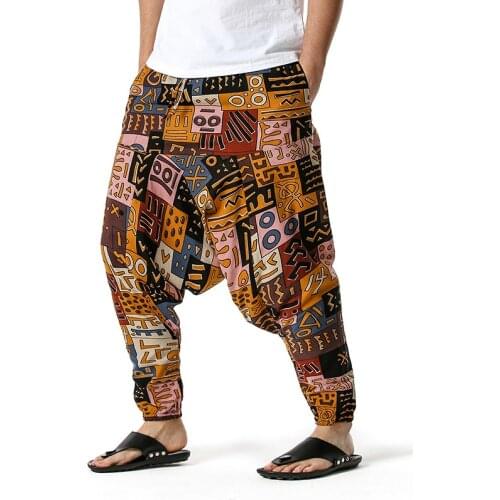 Mens Cotton Linen Joggers Sweatpant Hipster African Print Baggy Harem Pants Men Casual Hip Hop Streetwear Sports Trousers Male
