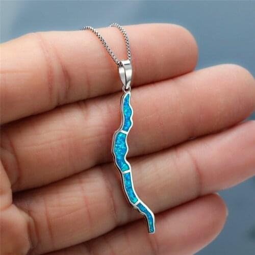 Trendy Bridal Geometric Stone Necklace Cute Female White Blue Opal Pendant Necklace Charm Silver Color Chain Necklaces For Women