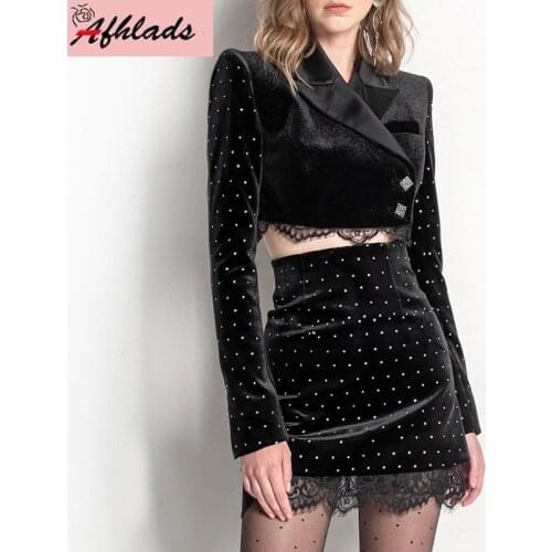 Autumn Velvet Womens 2020 New Fashion Long Sleeved Jacket + Lace Stitching Bodycon Skirt Streetwear Ladies Two-Piece Sets