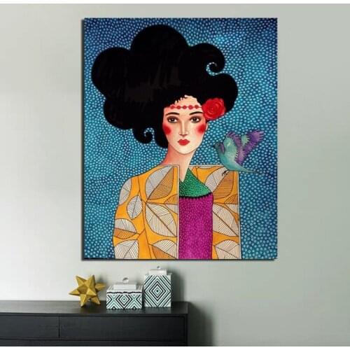 Girl Nordic Poster A Bird On The Collar Canvas Painting Print Living Room Home Decor Modern Wall Art Oil Painting Poster Artwork