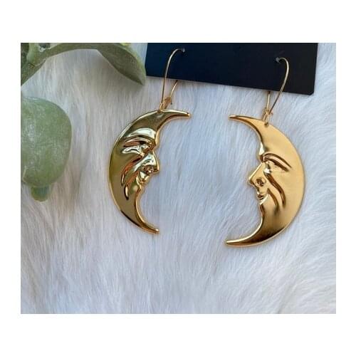 Moon Face Earrings, Drop Earrings, Moon Face, Choose Plated,HALF MOON EARRINGS Cresent Man on The Moon Witchy Celestial