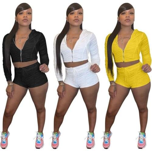 Tracksuit Women 2 Piece Sets Womens Outfit Fitness Long Sleeve Hooded Zipper Jacket Biker Shorts Solid Summer Sportswear Suit