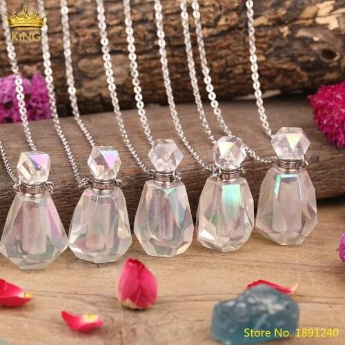 Titanium AB Natural White Quartz Crystal Faceted Perfume Bottle Pendant Necklace Women Aura Spirit Crystal Stone Vial Jewelry