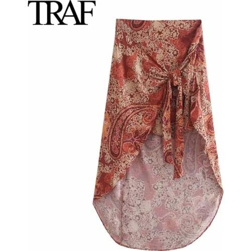 Traf Za Women Fashion Bow Print SARONG SKIRT High Waist MIDI Skirt Vintage Side Zipper Irregular Skirts Mujer