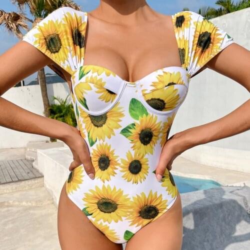 Sun Flower Print One piece Swimwear Women Padded Swimsuit New Bikini set Bathing Suit Beachwear 2021 Summer Monokini swim Suit