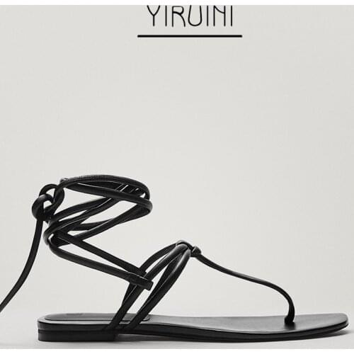 2021 Summer New Md Womens Sandals Genuine Leather Sheepskin Knot Fashion Flat Shoes Roman Style Strappy Flip-flop Sandals Women