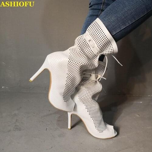 ASHIOFU New Handmade Women High Heel Boots Breathable Peep-toe Sexy Club Autumn Boots Party Prom Fashion Short Boots Shoes