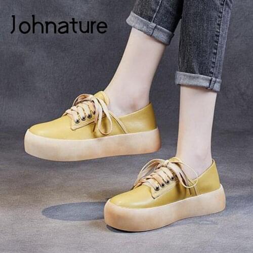 Johnature Genuine Leather Pumps Women Shoes Retro Round Toe 2021 New Autumn Lace-up Candy Colors Comfortable Casual Ladies Shoes