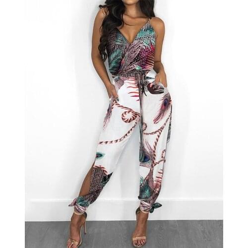 Hirigin Summer Women Casual Sleeveless V-neck Jumpsuit 2021 Ladies Boho Floral Bodysuit Loose Long Side Split Pants Plus Size