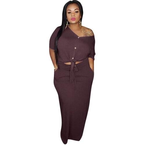 Women Plus Size Two Piece Sets New Knit Matching Sets V-neck Blouses Maxi Midi Skirts Suit Wholesale Dropshpping RV450