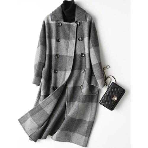 2020 Winter Wool Coat Women England Style Plaid Wool Coat Female Autumn Long Jacket Outwear casaco feminino 37128 YQ1196